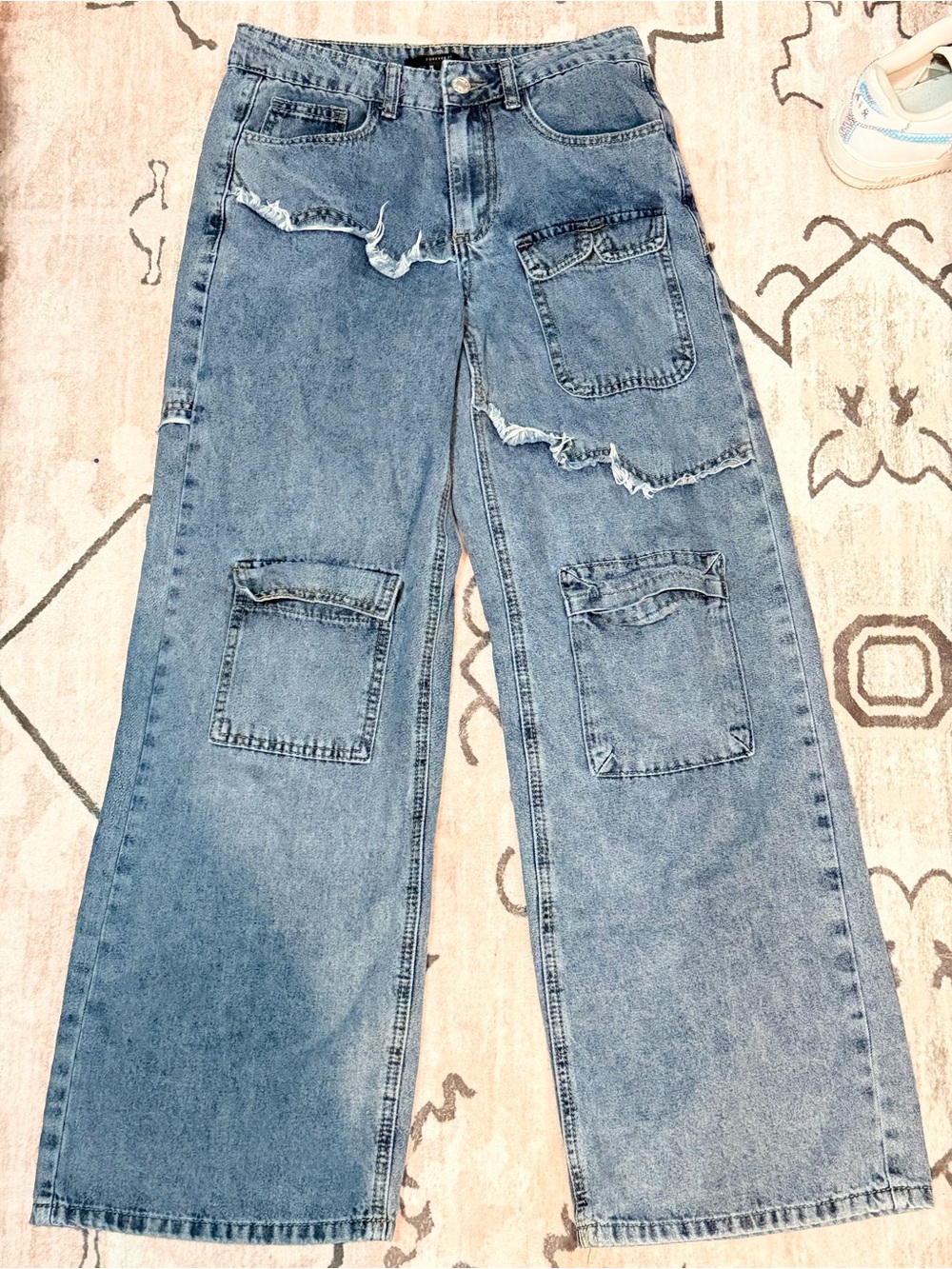 Forever 21 Blue Straight-Leg Distressed Patch Jeans